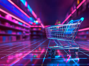 A shopping cart in a store with disco lighting