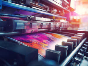 A colorful industrial printer mid-job