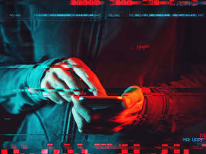 A person using a smartphone with horizontal glitch marks