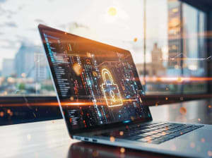 An open laptop on a desk with an image of a digital lock on the screen