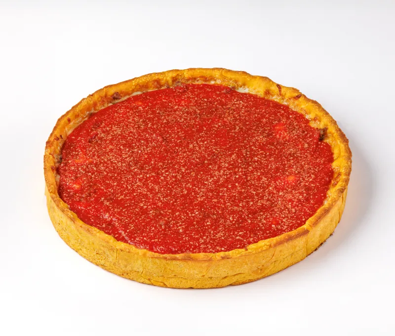 A deep dish pizza from Beggars Pizza