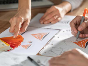 A pair of people working on a design concept with sketches and various color scheme choices