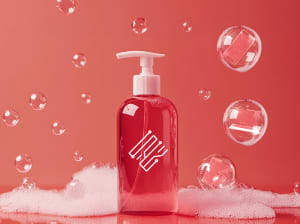 A bottle of hand soap with floating bubbles. Inside some of the bubbles are different smart devices