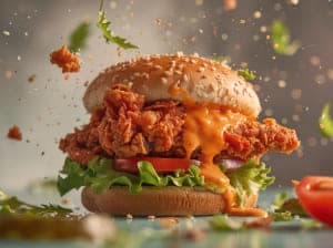 A beautiful chicken sandwich, dripping in buffalo sauce, and stacked on top of crisp lettuce, a slice of tomato, and fluffy sesame buns