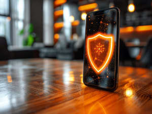 A standing smartphone with a orange shield glowing on the screen