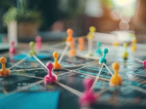 A tabletop with a bunch of little plastic game pieces standing up, connected by a series of strings