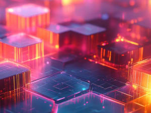 A circuit board lit up with orange and purple lights