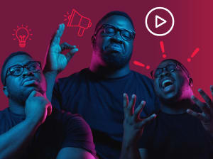 Three versions of the same man expressing different emotional reactions with floating media icons and a video play button floating in the background | red background