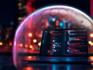 An open laptop resting on a table. Two windows with lines of code are displayed on the screen. A digital transluscent bubble made of hexagons encases the laptop. City night lights light up the background.