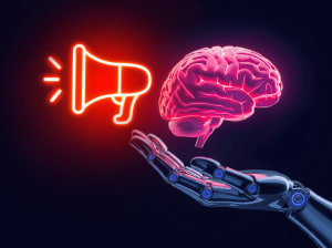 A robotic hand holding up a brain icon and a megaphone icon