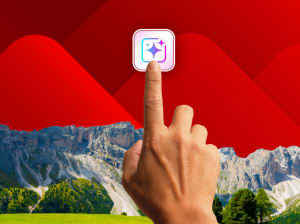 An index finger pressing an AI button over a generated image of mountains and a valley with trees 