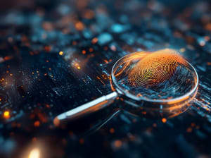 A magnifying glass on a motherboard with a glowing finger print being lifted off the lens