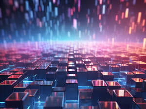 A red and blue digital grid with colored digital rectangles raining down