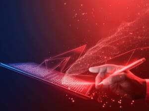 A tablet floating in a sea of color, a hand holds a stylus as words appear on the screen.