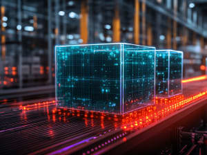 A digital cube traveling along a conveyer belt in a manufacturing plant