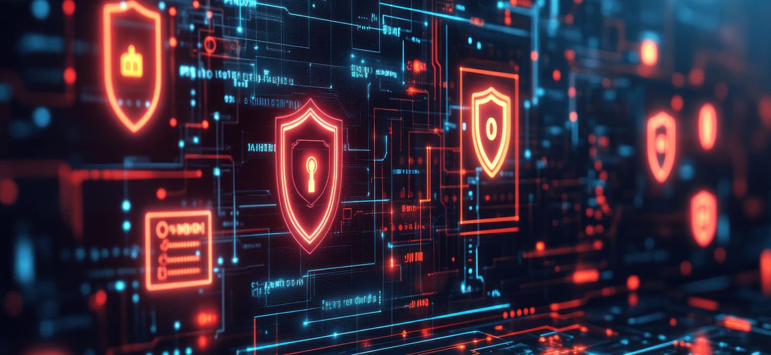 digital locks, keys, and emojis on blue background