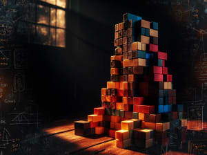 A stack of tetris blocks in a room with chalkboard walls full of math equations