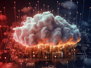 A cloud blooming over a circuit board with digital pillars jumping vertically