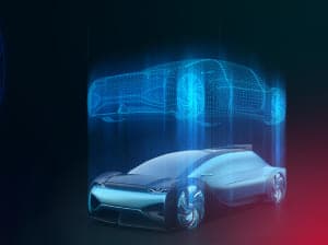 A futuristic car with a digital replica of the same car hovering above it