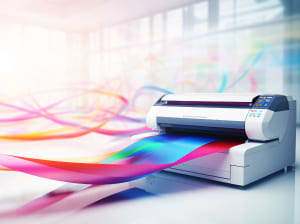 A printer on a white countertop printing an endless multicolored ribbon