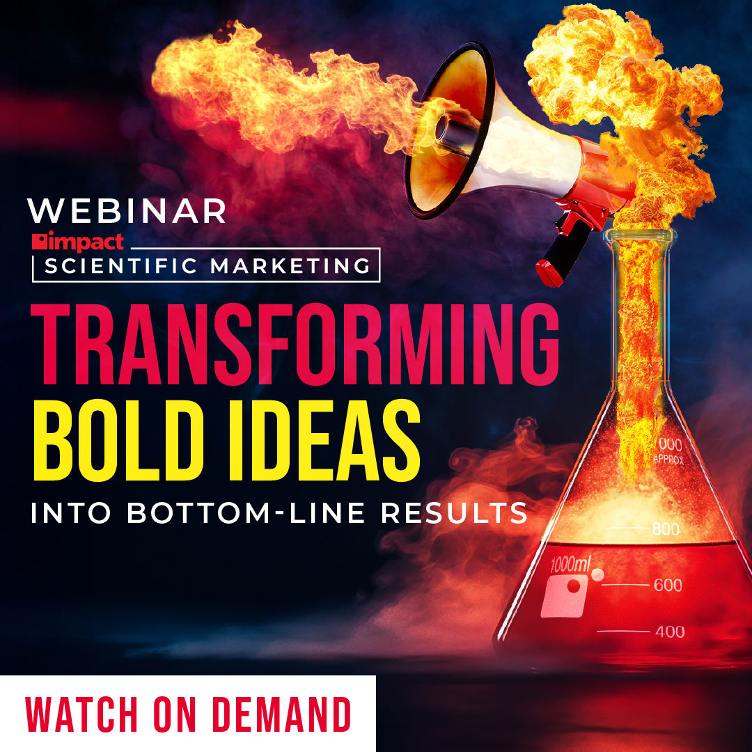 An ad for Impact's webinar on scientific marketing with a beaker containing a red liquid exploding up into fire at the mouth and then directed by a megaphone