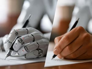 A robot hand writing with a pen compared to a human hand writing with a pen