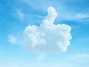 A thumbs up and thumbs down in clouds