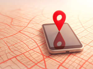 A phone sitting on a map with a location ping popping off the screen vertically