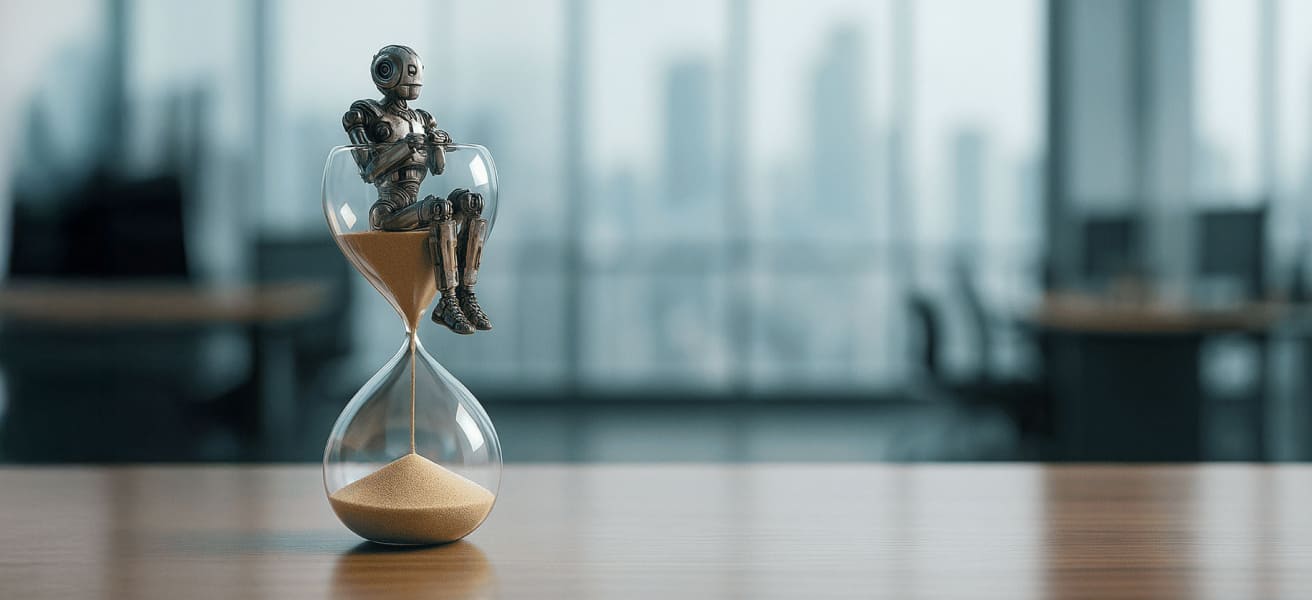 A little robot sitting in the sand of an hourglass