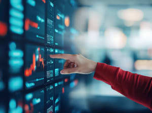 A person using their index finger on a digital display wall