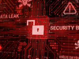 An open padlock in the center of a circuit board