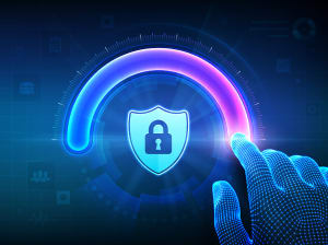 A digital hand sliding a bar on the top curve of a digital lock placed within a shield design