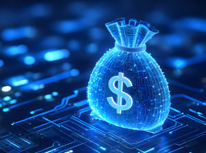 A digital money bag sitting on a circuit board