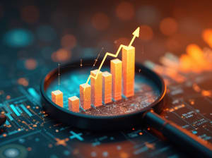 A rising bar graph sprouting from a magnifying glass in the middle of a circuit board