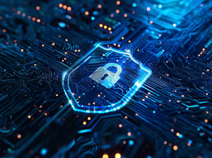 The outline of a shield in neon blu in the center of a circuit board with a padlock icon in center.