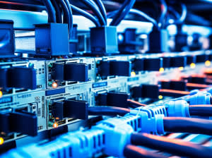 A series of ethernet cords plugged into servers