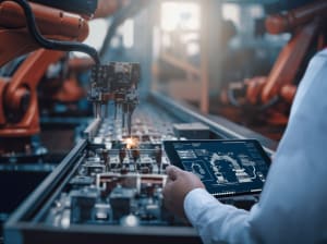 A person holds an iPad in front of an automated assembly line, looking at schematics