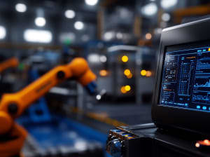 A computer running a program on an assembly line