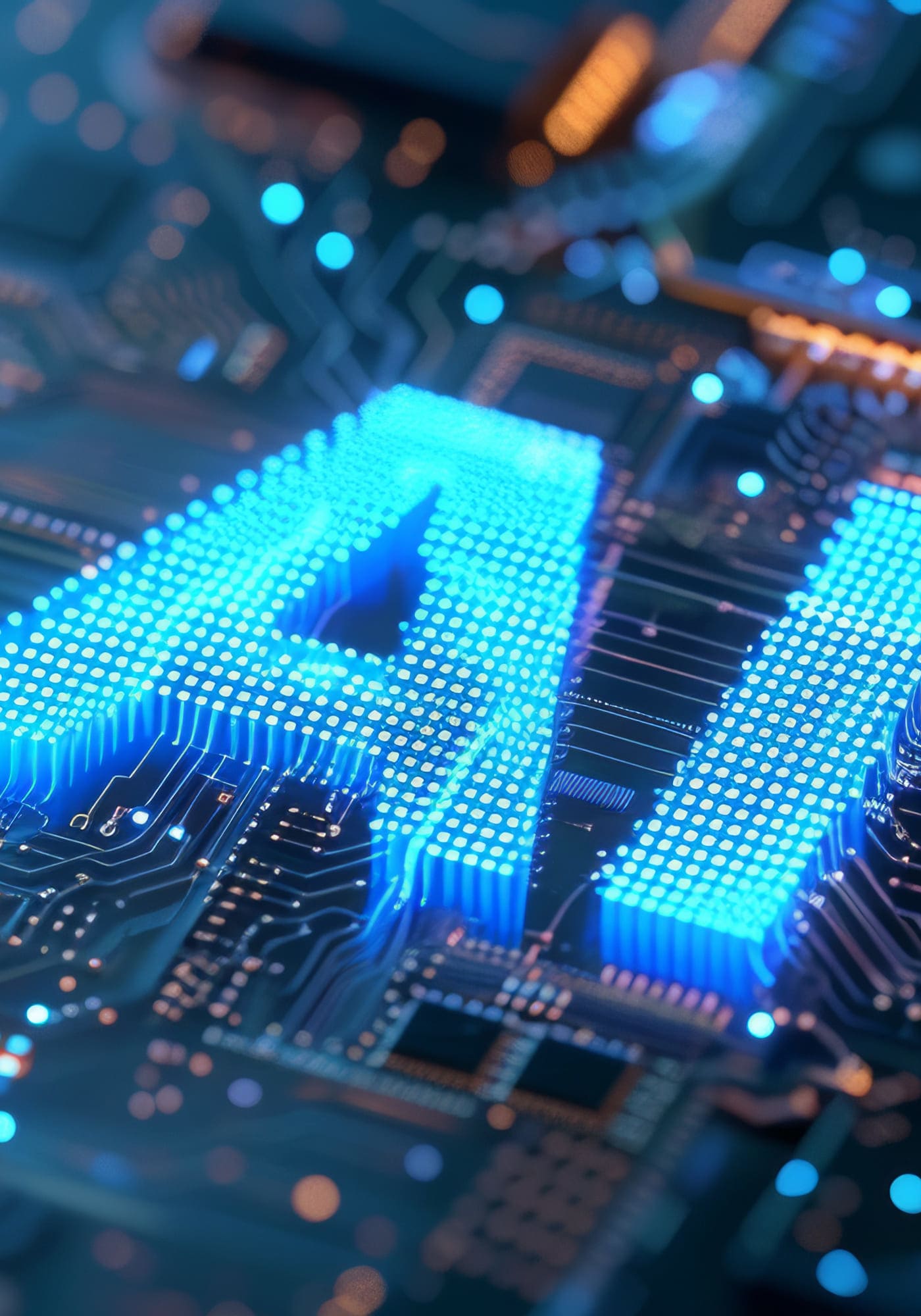 AI in blue text hovering over computer hardware