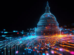 A US government capitol building illustrated with neon, futuristic orange and blue lines.
