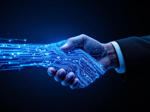Human hand shaking a digital hand