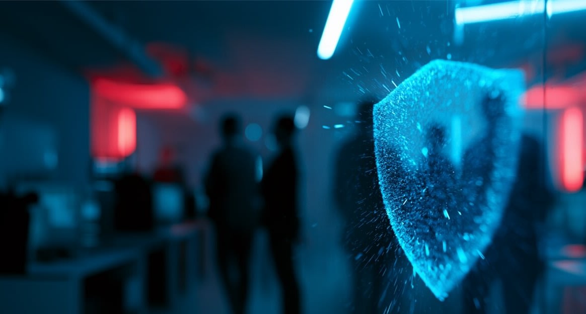 a blue shield in an office