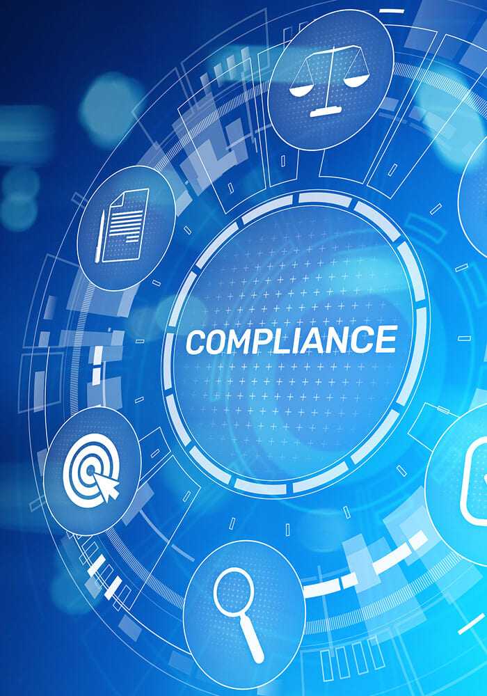 A diagram with "compliance" in the middle and relevant icons around it.