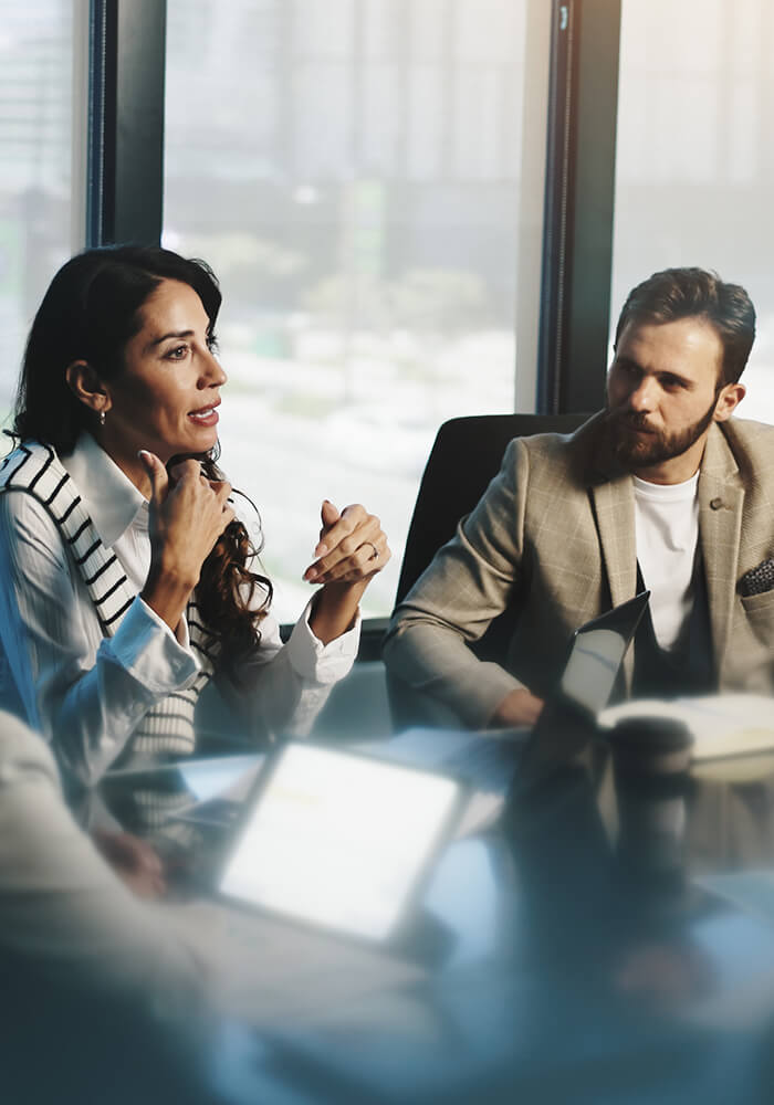 two marketing workers presenting something in a meeting