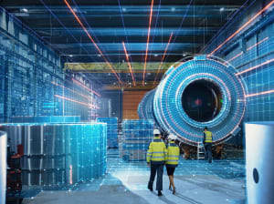 A few construction workers in yellow construction jackets walking a site floor that is outlined in a digital grid