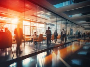 people walking and working in an office with sunlight coming through windows and a glass wall