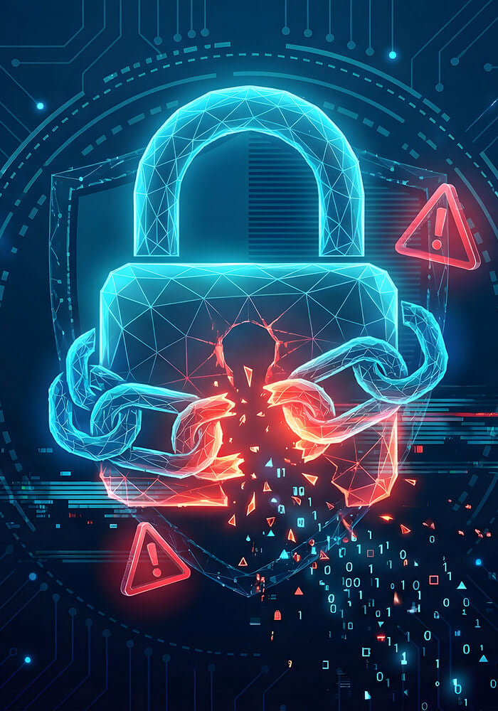 A chain breaking around a lock with red alerts floating in the air