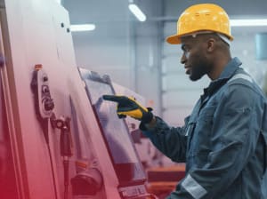 A worker on a manufacturing floor working on a smart screen with leather gloves