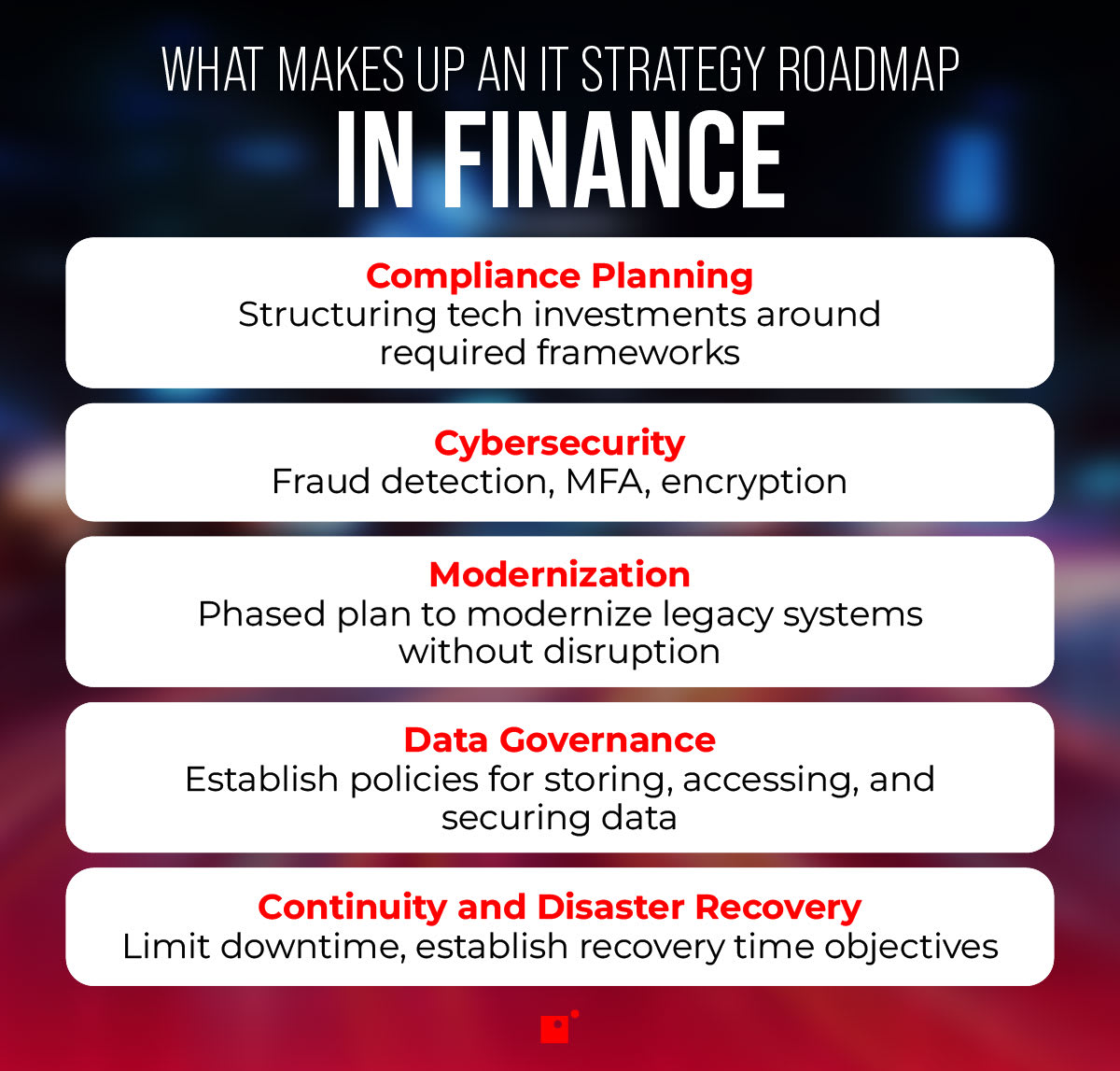 What Makes Up an IT Strategy Roadmap in Finance   Compliance Planning   Structuring tech investments around required frameworks   Cybersecurity   Fraud detection, MFA, encryption   Modernization   Phased plan to modernize legacy systems without disruption   Data governance   Establish policies for storing, accessing, and securing data   Continuity and Disaster Recovery   Limit downtime, establish recovery time objectives 