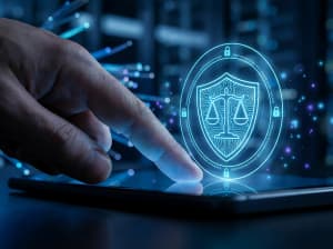 A person pressing a button on a laptop with a digital circle hovering above. Within is the scales of justice on a shield.